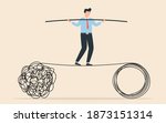 Acrobat walk balance on danger high rope and try to solve problem. Tangle tangled and unraveled. abstract metaphor, business problem solving concept.