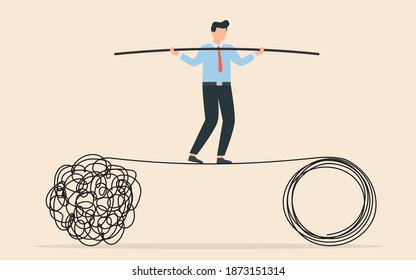 Acrobat Walk Balance On Danger High Rope And Try To Solve Problem. Tangle Tangled And Unraveled. Abstract Metaphor, Business Problem Solving Concept.