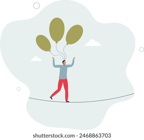 acrobat walk on the rope with balloons to reduce risk.flat vector illustration.