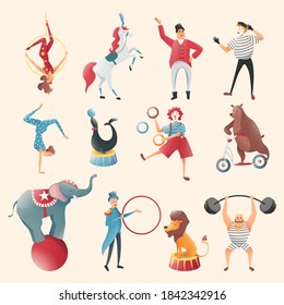 Acrobatic animal tricks set, Circus animals, acircus performances of family acrobats. Representation of animals, lion, bear and elephant with circus magician. Vector illustration