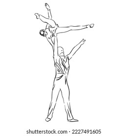 Acrobatic, balance, performance, cooperation concept. Hand drawn acrobats on scene . Isolated vector illustration , acrobatics, sketch illustration