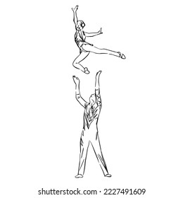 Acrobatic, balance, performance, cooperation concept. Hand drawn acrobats on scene . Isolated vector illustration , acrobatics, sketch illustration