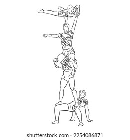 Acrobatic, balance, performance, cooperation concept. Hand drawn acrobats on scene . Isolated vector illustration , acrobatics, sketch illustration