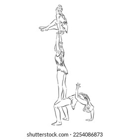 Acrobatic, balance, performance, cooperation concept. Hand drawn acrobats on scene . Isolated vector illustration , acrobatics, sketch illustration