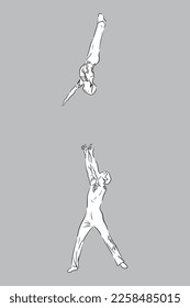 Acrobatic, balance, performance, cooperation concept. Hand drawn acrobats on scene . Isolated vector illustration , acrobatics, sketch illustration