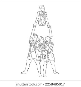 Acrobatic, balance, performance, cooperation concept. Hand drawn acrobats on scene . Isolated vector illustration , acrobatics, sketch illustration