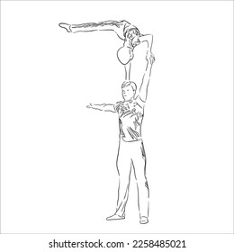 Acrobatic, balance, performance, cooperation concept. Hand drawn acrobats on scene . Isolated vector illustration , acrobatics, sketch illustration