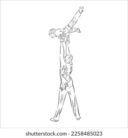 Acrobatic, balance, performance, cooperation concept. Hand drawn acrobats on scene . Isolated vector illustration , acrobatics, sketch illustration