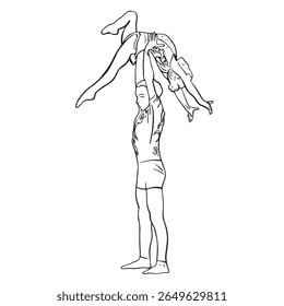 Acrobatic, balance, performance, cooperation concept. Hand drawn acrobats on static scene . Isolated vector illustration , acrobatics, gymnastic sketch illustration. Duo children, couple