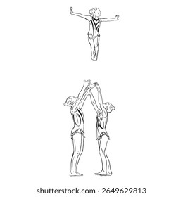 Acrobatic, balance, performance, cooperation concept. Hand drawn acrobats on static scene . Isolated vector illustration , acrobatics, gymnastic sketch illustration. Flying trio