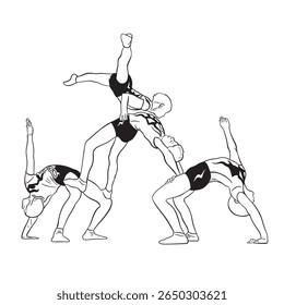 Acrobatic, balance, performance, cooperation concept. Hand drawn acrobats on static scene . Isolated vector illustration , acrobatics, gymnastic sketch illustration.