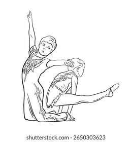 Acrobatic, balance, performance, cooperation concept. Hand drawn acrobats on static scene . Isolated vector illustration , acrobatics, gymnastic sketch illustration. Duo children, couple