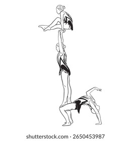 Acrobatic, balance, performance, cooperation concept. Hand drawn acrobats on static scene . Isolated vector illustration , acrobatics, gymnastic sketch illustration.