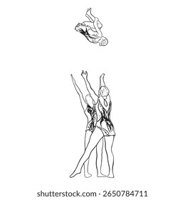 Acrobatic, balance, performance, cooperation concept. Hand drawn acrobats on static scene . Isolated vector illustration , acrobatics, gymnastic sketch illustration. Flying trio