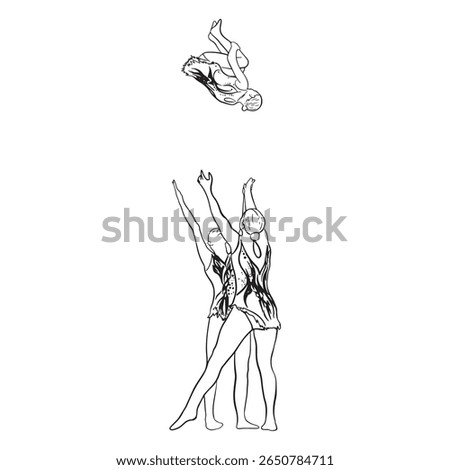 Acrobatic, balance, performance, cooperation concept. Hand drawn acrobats on static scene . Isolated vector illustration , acrobatics, gymnastic sketch illustration. Flying trio
