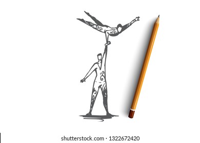 Acrobatic, circus, balance, performance, cooperation concept. Hand drawn two acrobats performing on scene concept sketch. Isolated vector illustration.