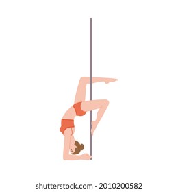 Acrobatic gymnastic pole dance of young woman in red bikini, flat vector illustration isolated on white background. Pole dance emblem for fitness or night club.