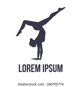 Acrobatic gymnastics logo with woman silhouette. Vector illustration. Isolated on white background.