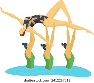 Acrobatic gymnasts performing balance routine, two women holding another upside down. Artistic gymnastics, teamwork, and performance vector illustration.