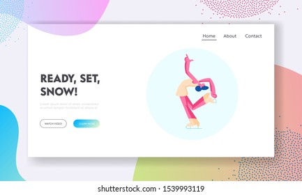 Acrobatic Ice Dancing Individual Program Website Landing Page. Girl Figure Skating at Sports Arena Making Complicated Stunt on Rink. Winter Sport Web Page Banner. Cartoon Flat Vector Illustration