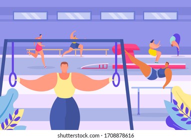 Acrobatic modern gymnastic sport gym, people pull up on crossbar, sporting event, cardiological exercise, flat vector illustration. Male, female running on track, high jump, physical activity workout.