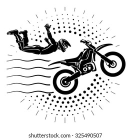 Acrobatic motorcycles jump show. Illustration in the engraving style