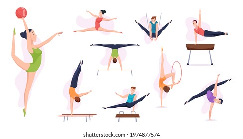 Acrobatic people. Gymnasts in action poses sport athletes making fitness training elements exact vector healthy lifestile