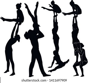 acrobatic stunt. Gymnasts acrobats vector black silhouette. 