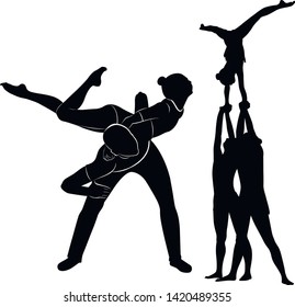 acrobatic stunt. Gymnasts acrobats vector black silhouette