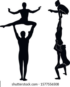 acrobatic stunt. Gymnasts acrobats vector black silhouette.