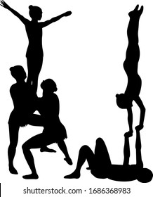 acrobatic stunt. Gymnasts acrobats vector black silhouette.