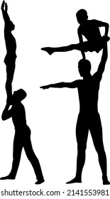 acrobatic stunt. Gymnasts acrobats vector black silhouette. Gymnasts acrobats vector	