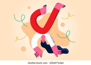 Acrobatics, positive emotions, balance concept. Young positive girl cartoon character standing balancing on hands barefoot over yellow background vector illustration