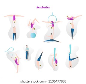 Acrobatics vector illustration icon collection set. Couple performing flexibility, strength and grace in athletic entertainment and show sport. Circus stunt tricks with rope, hoop, ring and ball.