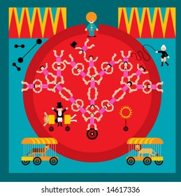 acrobats, animal trainer and magician in circus