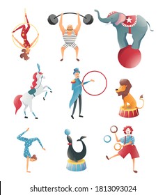 Acrobats with animals in the circus do complex stunts. Magic and gymnastic tricks. Image of animals, lion, bear and elephant with circus magician. Vector illustration