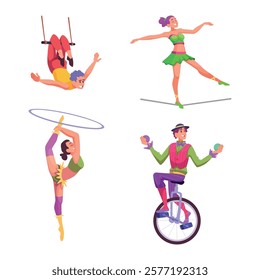 Acrobats. Circus sport characters aerial artists gymnast equilibrists exact vector circus performance