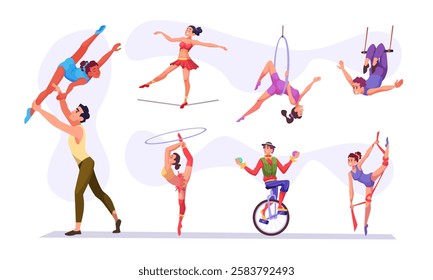 Acrobats. Performance gymnasts circus equilibrists in action poses exact vector circus show characters