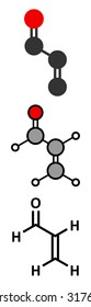 Acrolein (propenal) molecule. Toxic molecule that is formed when fat or oil is heated and is present in e.g. french fries. Stylized 2D renderings and conventional skeletal formula.  