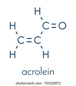 Acrolein (propenal) molecule. Toxic molecule that is formed when fat or oil is heated and is present in e.g. french fries. Skeletal formula.