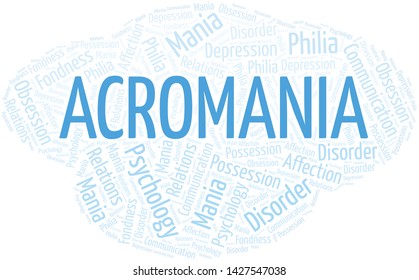 Acromania word cloud. Type of mania, made with text only.
