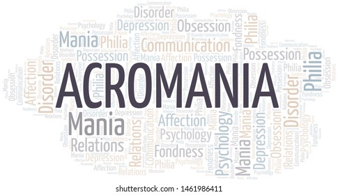 Acromania word cloud. Type of mania, made with text only.