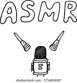 Acronym ASMR . Autonomous Sensory Meridian Response. Michrophone and two brushes. Doodle vector illustration. 