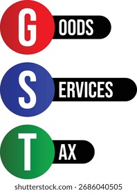 El acrónimo GST que representa el Impuesto sobre Bienes y Servicios se muestra con cada letra en un círculo de color: G en rojo, S en azul y T en verde. El texto 'BIENES', 'SERVICIOS' y 'IMPUESTOS' sigue a cada letra.