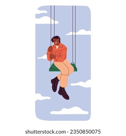 Acrophobia, phobia of height concept. Scared person sit on swing in sky around clouds, holding fast, afraid and panic. Irrational suffer, psychology of fear, mental disorders. Flat vector illustration