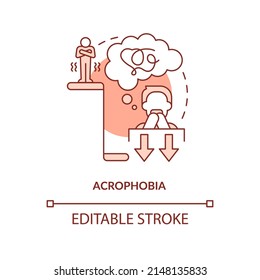 Acrophobia red concept icon. Intense fear of height. Most common phobia abstract idea thin line illustration. Isolated outline drawing. Editable stroke. Arial, Myriad Pro-Bold fonts used