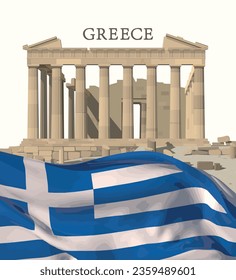 Akropolis von Athen und die Flagge von Griechenland. Vektorgrafik.