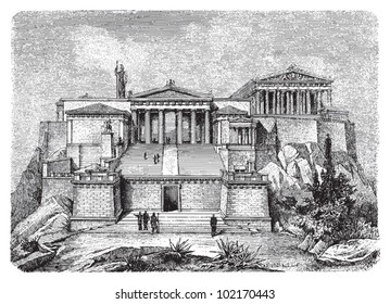 Acropolis in Athens (Greece) reconstruction / vintage illustration from Brockhaus Konversations-Lexikon 1908