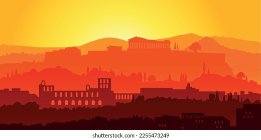 Acropolis Athens Greece silhouette illustration. Athens skyline. Parthenon.