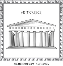 Acropolis in Athens, Greece. Visit Greece card. Ornamental traditional greek vector frame. 